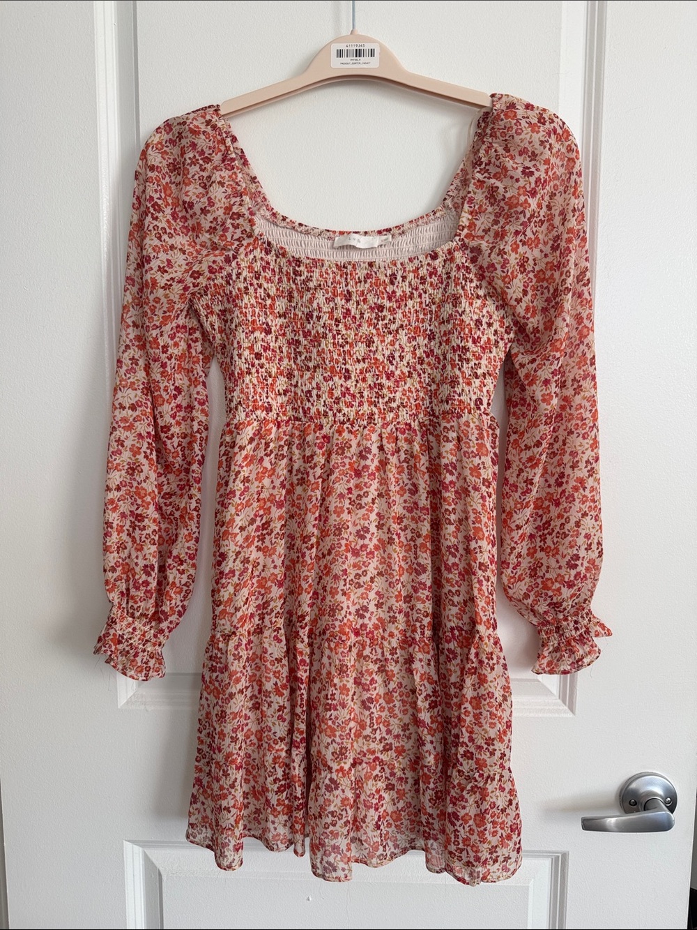 Lush Pink Orange Floral Smocked Puff Sleeve Cottagecore Mini Dress